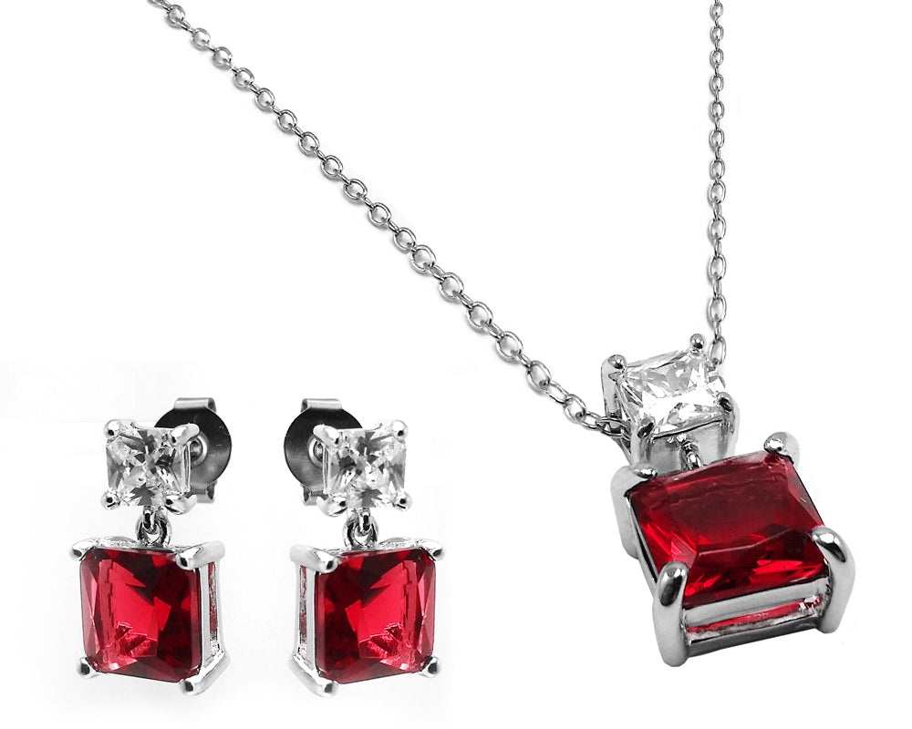 .925 Sterling Silver Rhodium Plated Square Created Ruby Earring Pendant  Necklace Set 18 Inch