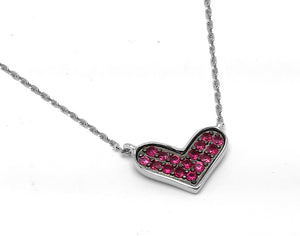 .925 Sterling Silver Rhodium and Black Rhodium Plated Red Ruby CZ  Wide Heart Necklace 16 Inches