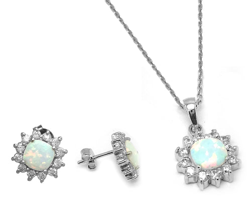 .925 Sterling Silver Rhodium Plated Opal Sun Cubic Zirconia Stud Earring &  Necklace Set 18 Inch