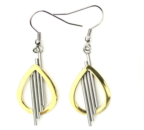 Stainless Steel Two Tone Open Teardrop 3 Line Hook Earring