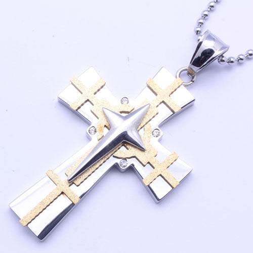 Stainless Steel Gold Plated Two Tone Cross Clear Cubic Zirconia Charm Pendant