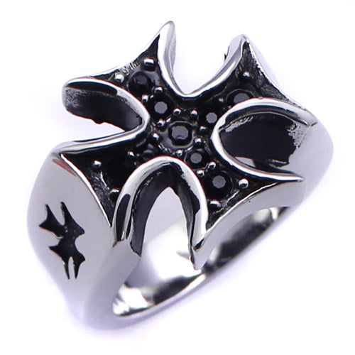Men's Stainless Steel Black Rhodium Palted Cross Black Cubic Zirconia Ring