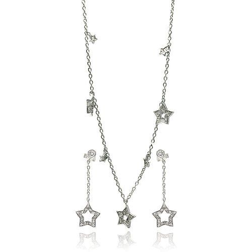 .925 Sterling Silver Rhodium Plated Multiple Open Star Dangling Cubic Zirconia Stud
