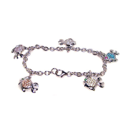 .925 Sterling Silver Rhodium Plated Multi Color Cubic Zirconia Dangling Fish Bracelet