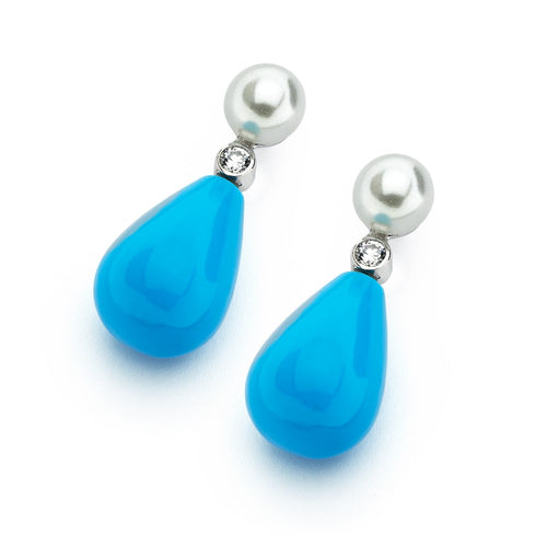 .925 Sterling Silver Rhodium Plated Teardrop Turquoise Cubic Zirconia Dangling Stud Earring