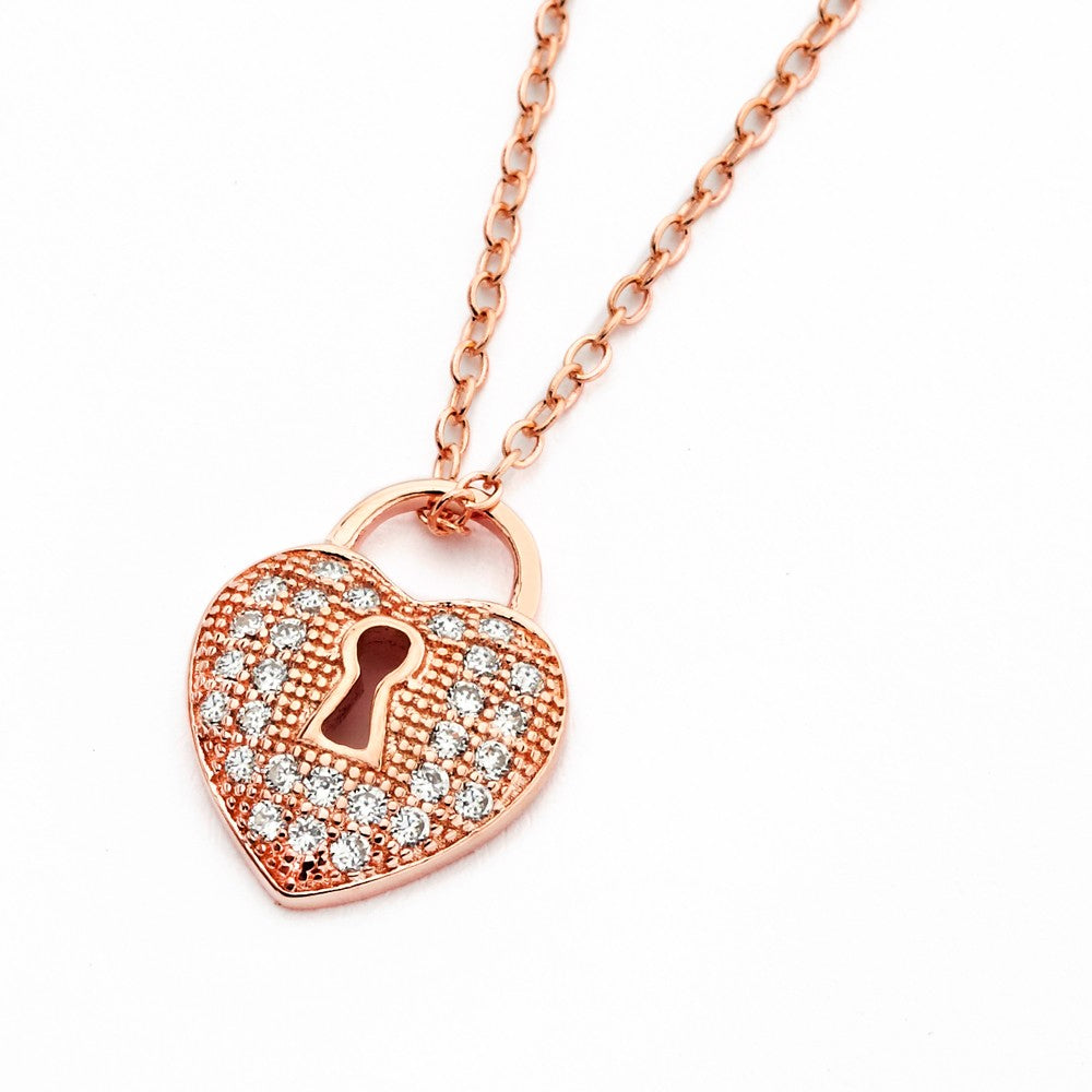 .925 Sterling Silver Rose Gold Plated Clear Cubic Zirconia Heart Lock Pendant Necklace 18 Inches