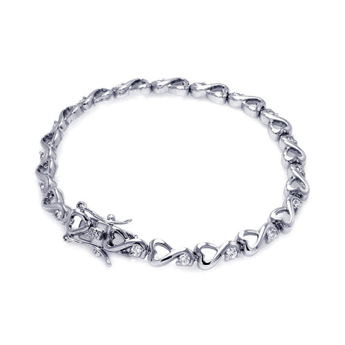 Brass Rhodium Plated Clear Cubic Zirconia Heart Link Bracelet