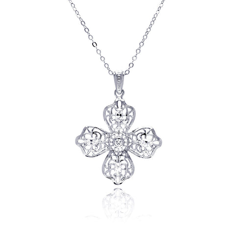 Rhodium Plated Brass Clear Cubic Zirconia Cross  Pendant Necklace