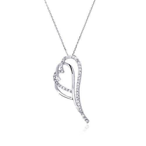 Rhodium Plated Brass Clear Cubic Zirconia  Double Hearts Pendant Necklace