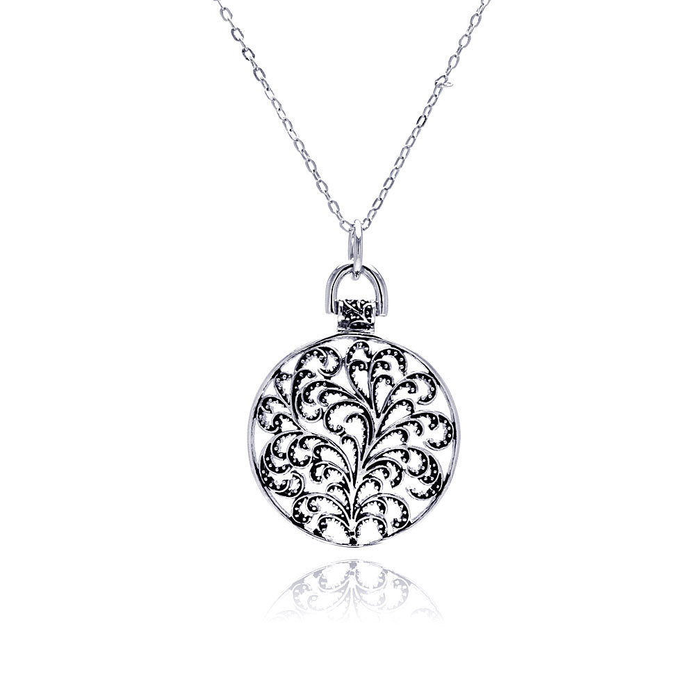 Rhodium Plated Brass Round Disc Flower Outline Pendant Necklace