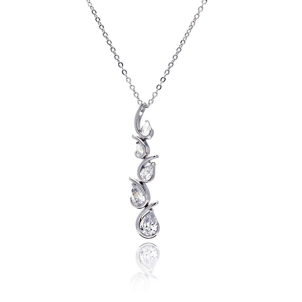 Rhodium Plated Brass Clear Cubic Zirconia Teardrop Wave Setting Pendant Necklace