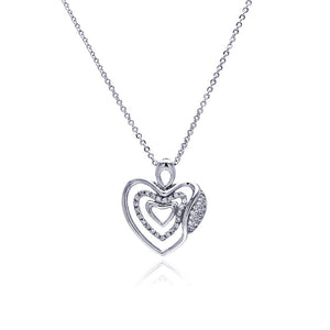 Rhodium Plated Brass Clear Cubic Zirconia  Triple Hearts Pendant Necklace