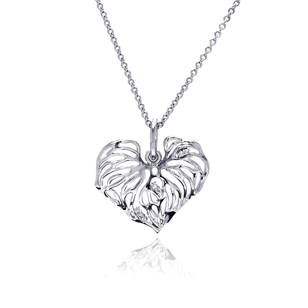 Rhodium Plated Brass Clear Cubic Zirconia  Cutout Heart Pendant Necklace