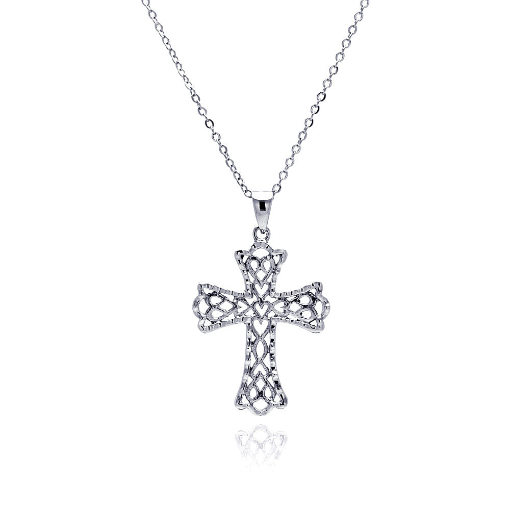 Rhodium Plated Brass Cross Outline  Pendant Necklace