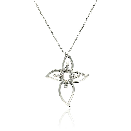 Rhodium Plated Brass Open Cross Flower Clear Cubic Zirconia Pendant Necklace
