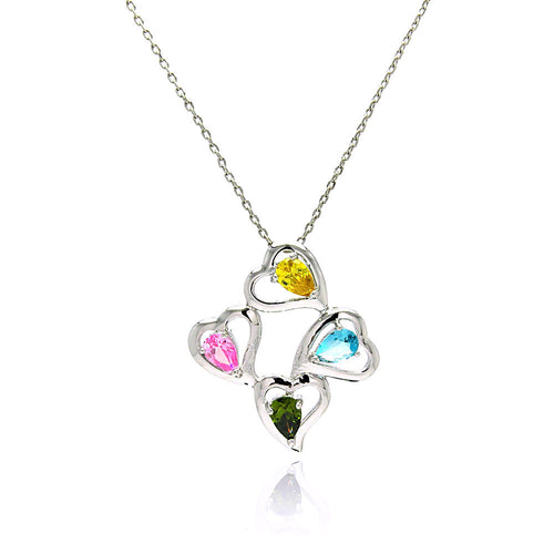 Rhodium Plated Brass Open Heart Multi Colored Cubic Zirconia Pendant Necklace