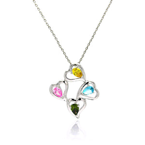 Rhodium Plated Brass Open Heart Multi Colored Cubic Zirconia Pendant Necklace