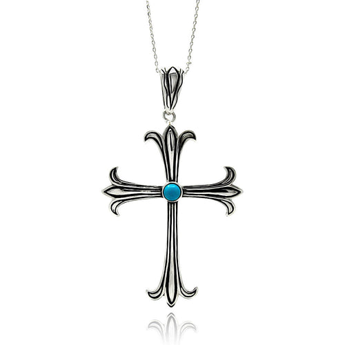 Rhodium Plated Brass Cross Turquoise Center Pendant Necklace
