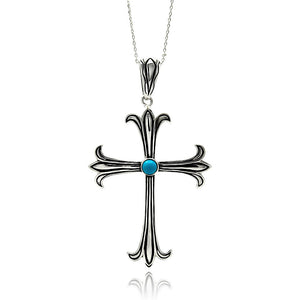Rhodium Plated Brass Cross Turquoise Center Pendant Necklace