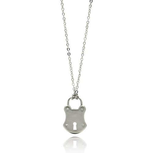 Rhodium Plated Brass Matte Finish Lock Pendant Necklace