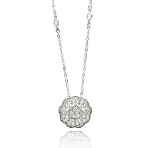 Rhodium Plated Brass Flower Disc Clear Cubic Zirconia Pendant Necklace