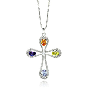 Rhodium Plated Brass Open Cross Multi Colored Cubic Zirconia Pendant Necklace