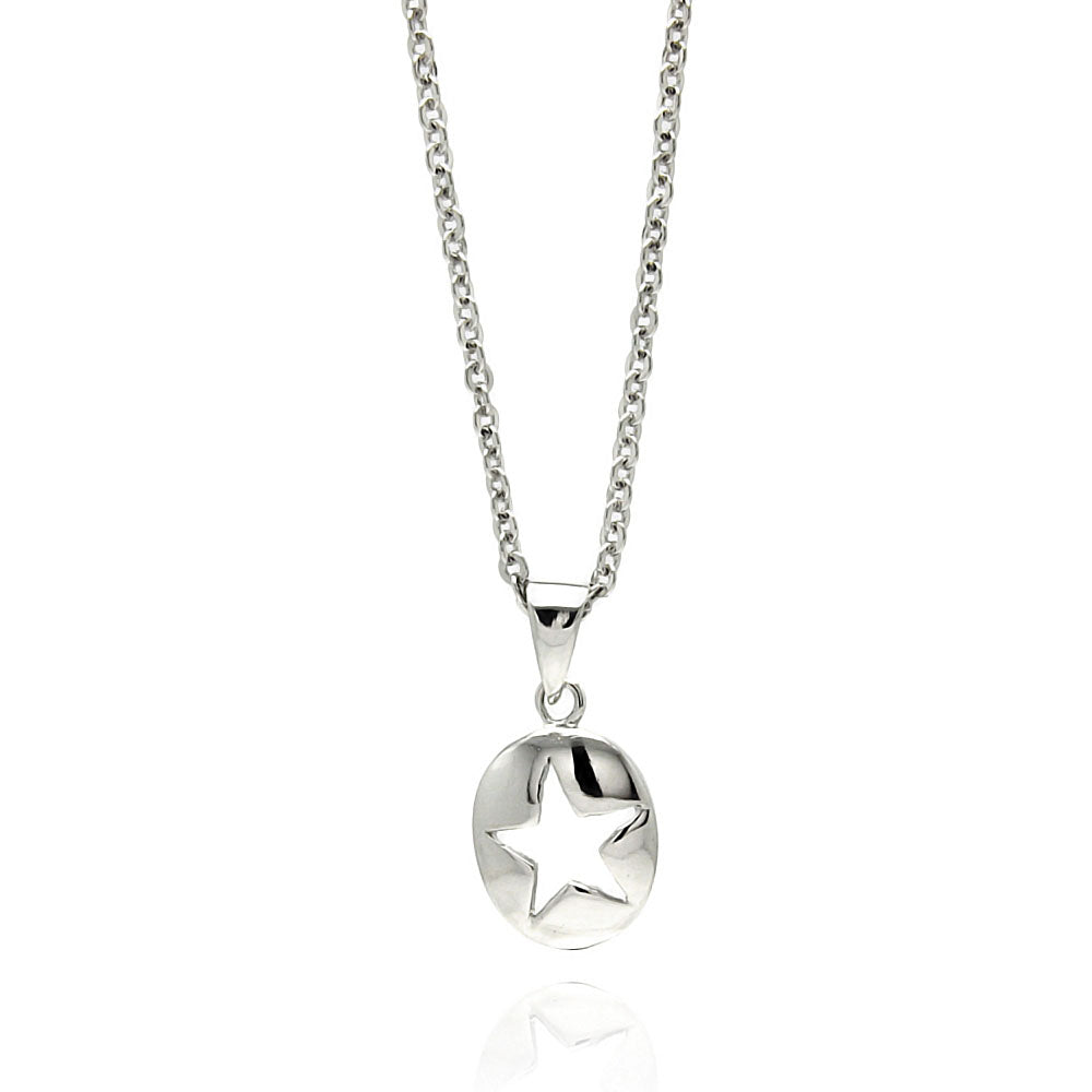 Rhodium Plated Brass Open Star Disc Pendant Necklace