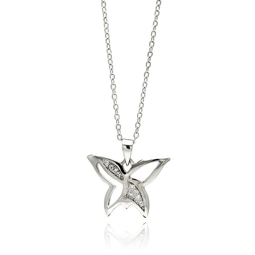 Rhodium Plated Brass Open Butterfly Clear Cubic Zirconia Pendant Necklace