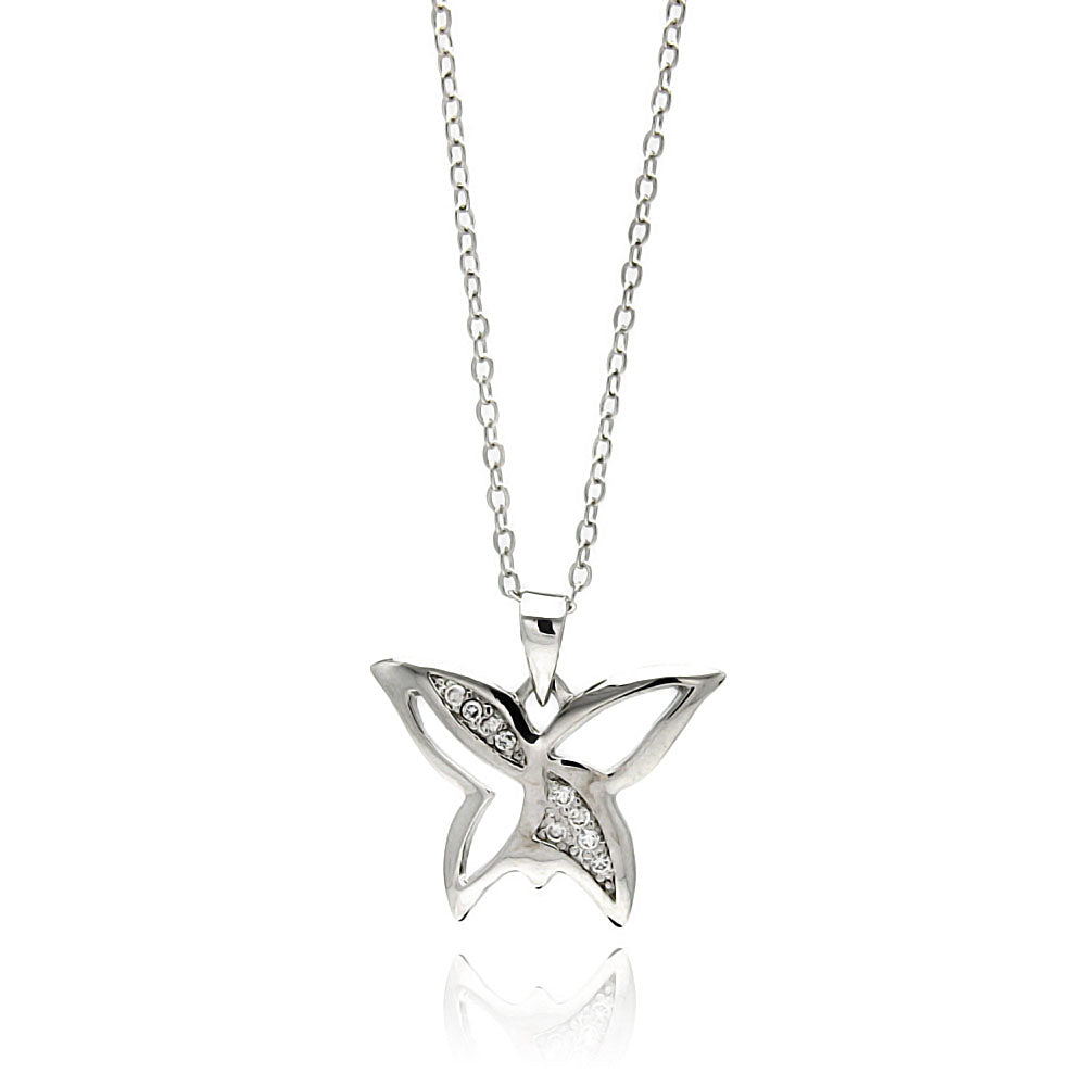 Rhodium Plated Brass Open Butterfly Clear Cubic Zirconia Pendant Necklace