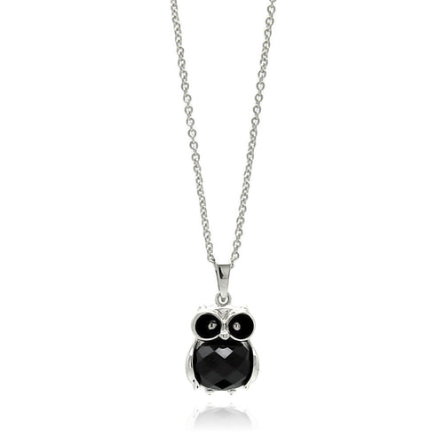 Brass Rhodium Plated Black Cubic Zirconia Owl Necklace