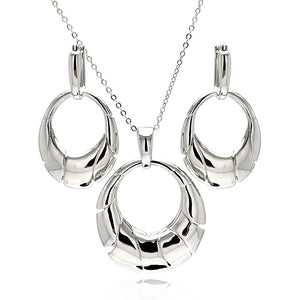 Rhodium Plated Brass High Polish Open Oval Cresent Leverback Earring & Necklace Set