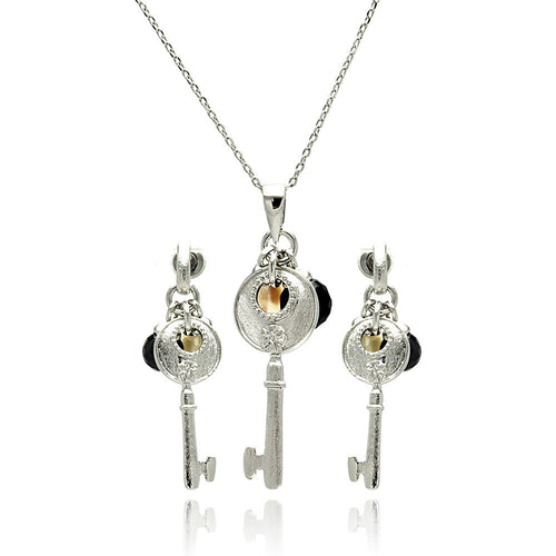 Rhodium Plated Brass Key Pearl Black Cubic Zirconia Dangling Stud Earring & Dangling Necklace Set