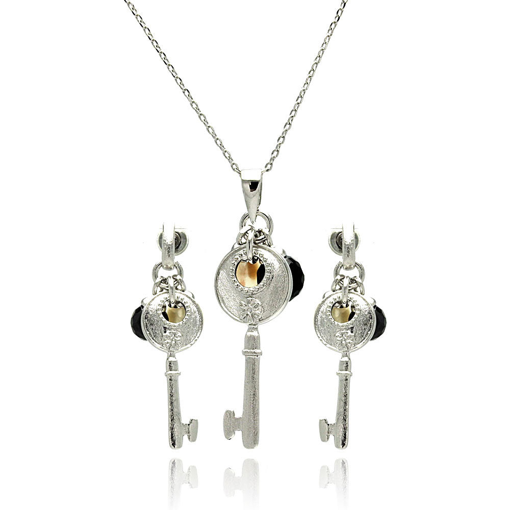 Rhodium Plated Brass Key Pearl Black Cubic Zirconia Dangling Stud Earring & Dangling Necklace Set