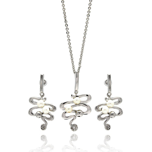 Rhodium Plated Brass Zigzag Snake Pearl Drop Clear Cubic Zirconia Hanging Stud Earring