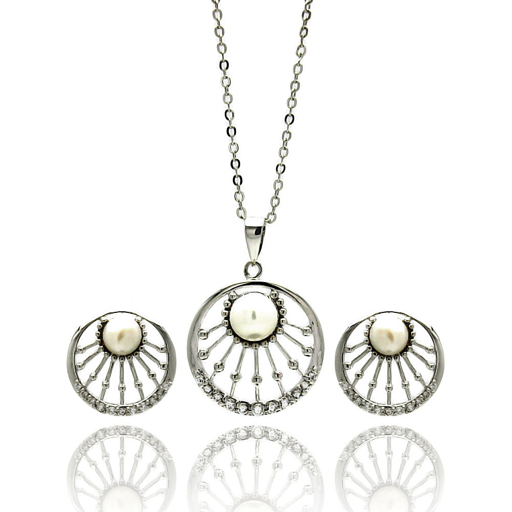 Rhodium Plated Brass Pearl Center Open Sun Disc Clear Cubic Zirconia Stud Earring
