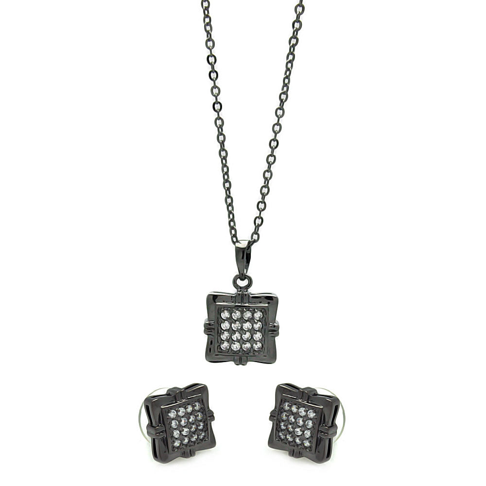Black Rhodium Plated Brass Square Clear Cubic Zirconia Stud Earring & Necklace Set