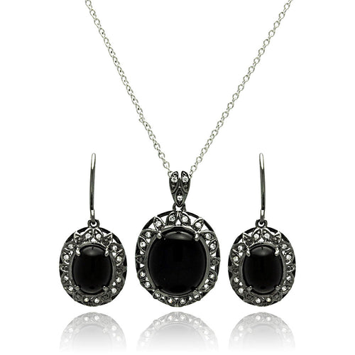 Brass Black Rhodium Plated  Cubic Zirconia Disc Necklace & Earring Set