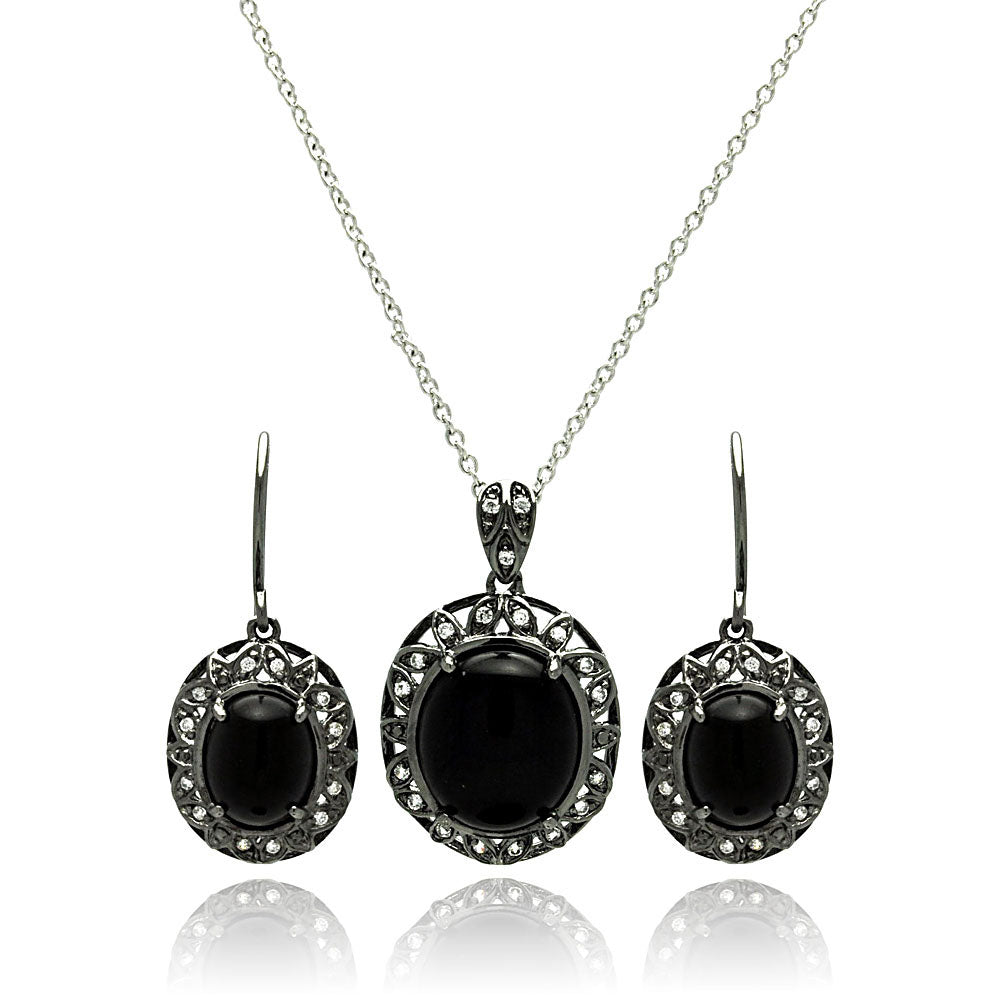 Brass Black Rhodium Plated  Cubic Zirconia Disc Necklace & Earring Set