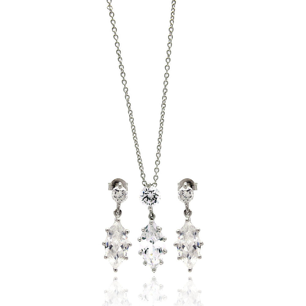 Brass Rhodium Plated  Hanging Cubic Zirconia Necklace & Earring Set