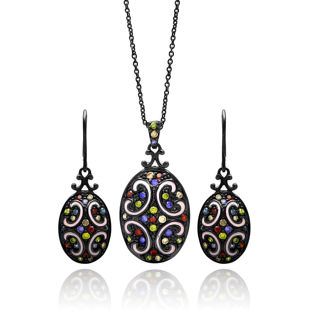 Brass Black Rhodium Plated  Oval Disk Multiple Color Cubic Zirconia Necklace & Earring Set