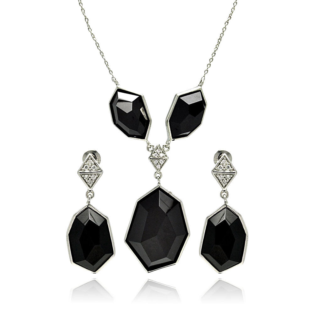 Brass Rhodium Plated  Hanging Large Black Necklace & Earring Set