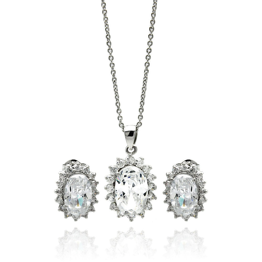 Brass Rhodium Plated  Oval Cubic Zirconia Necklace & Earring Set