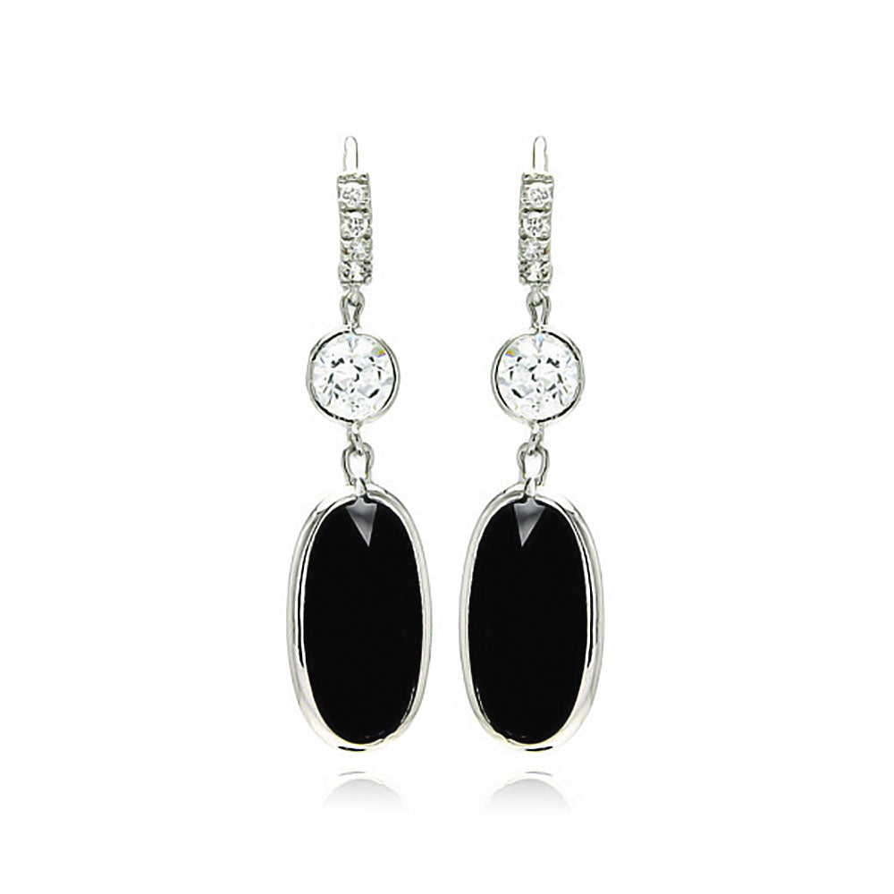 Rhodium Plated Brass Clear Cubic Zirconia  Black Oval Earring
