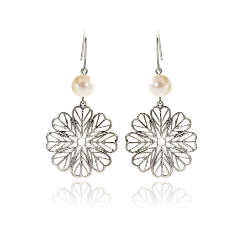 Brass Open Flower Pearl Rhodium Plated Earring