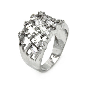 Rhodium Plated Brass Net Clear Cubic Zirconia Cigar Band Ring