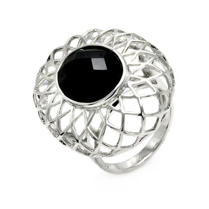 Brass Rhodium Plated Oval Shape Open Net Dome Black Cubic Zirconia Center Stone Ring