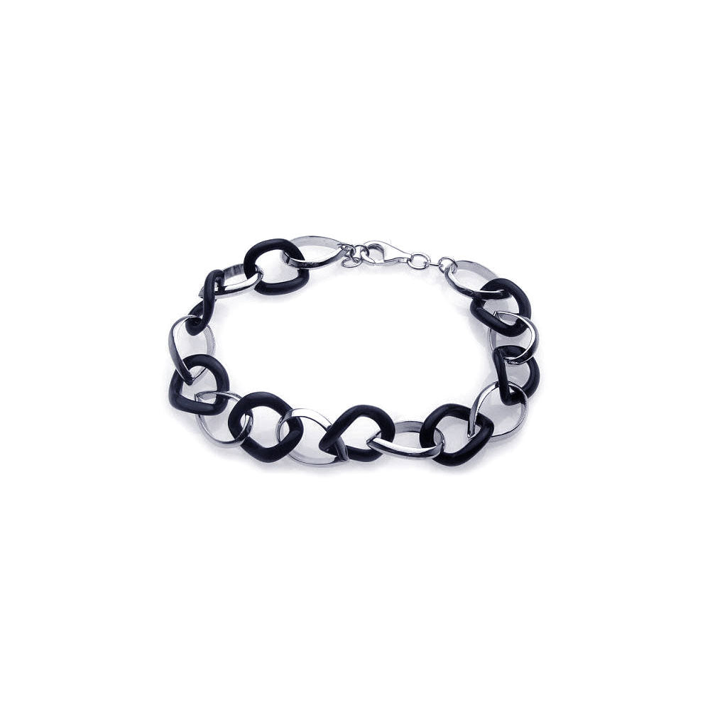 .925 Sterling Silver Rhodium Plated Onyx and Silver Link  Bracelet