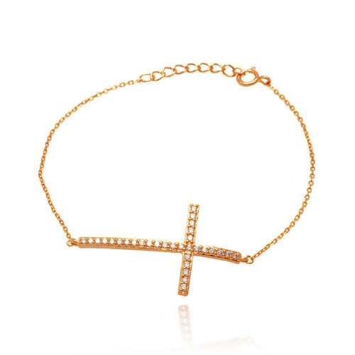 .925 Sterling Silver Rose Gold Plated Sideways Cross Cubic Zirconia Bracelet