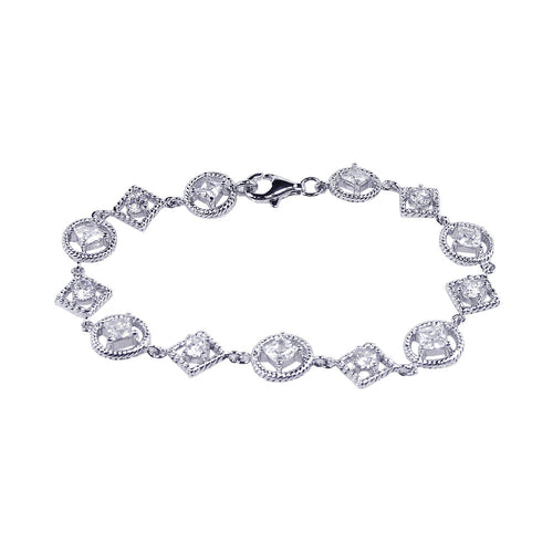 .925 Sterling Silver Rhodium Plated Multi Shape Clear Cubic Zirconia Bracelet