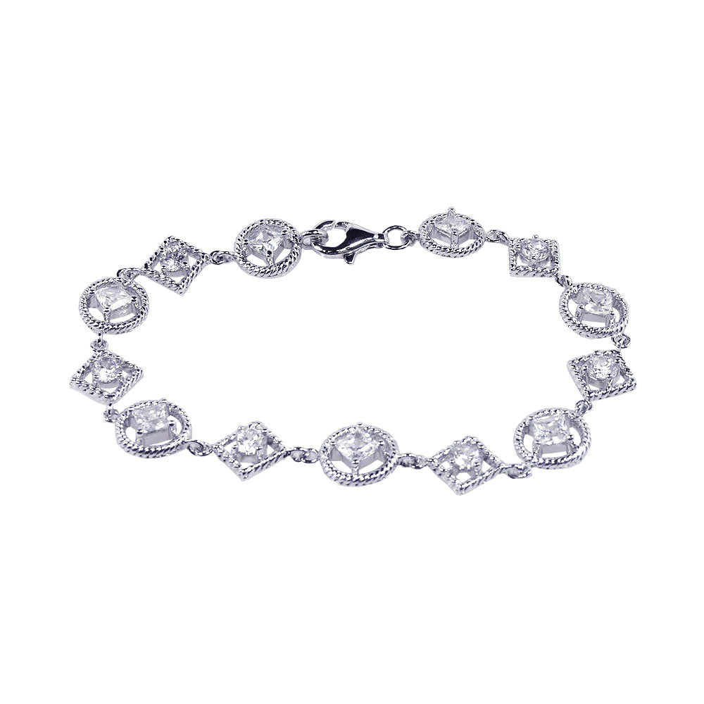 .925 Sterling Silver Rhodium Plated Multi Shape Clear Cubic Zirconia Bracelet